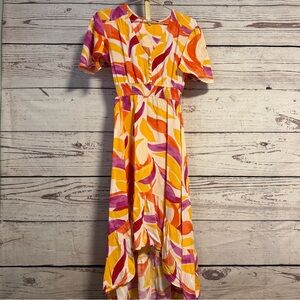 Abel the Label Anthropologie Swish Hi Lo Dress Orange Pink Smocking Dress